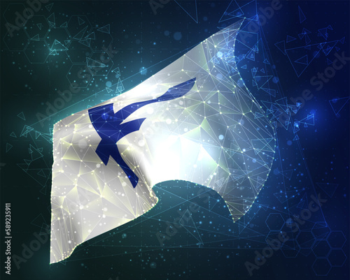 Yen,  vector flag, virtual abstract 3D object from triangular polygons on a blue background