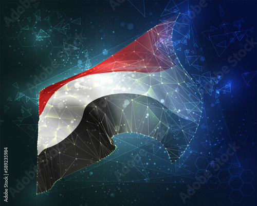 Yemen,  vector flag, virtual abstract 3D object from triangular polygons on a blue background