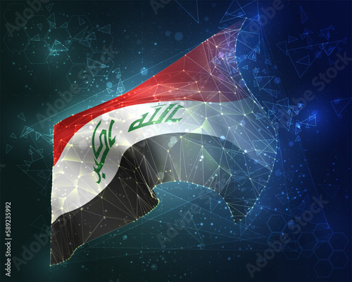 Iraq,  vector flag, virtual abstract 3D object from triangular polygons on a blue background
