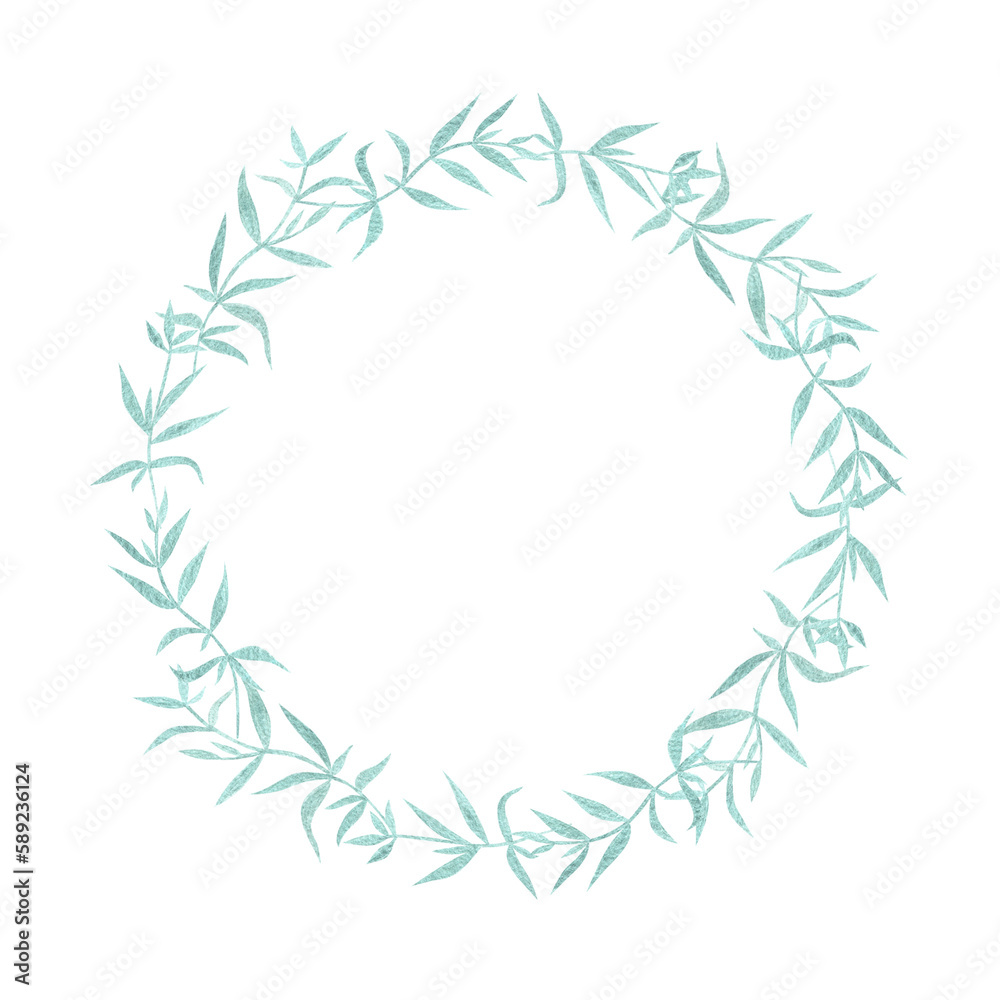 Watercolor hand drawn botanical natural frame with wild meadow green leaves plants with copy space in the middle. Isolated on white aquarelle design element Watercolor hand drawn botanical natural frame with wild meadow green leaves plants with copy space in the middle. Isolated on white aquarelle design element