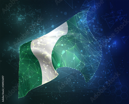 Nigeria,  vector flag, virtual abstract 3D object from triangular polygons on a blue background