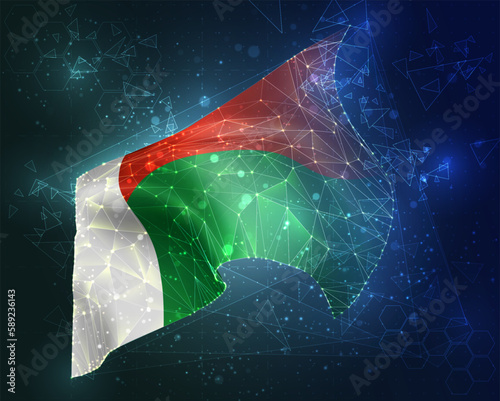 Madagascar,  vector flag, virtual abstract 3D object from triangular polygons on a blue background