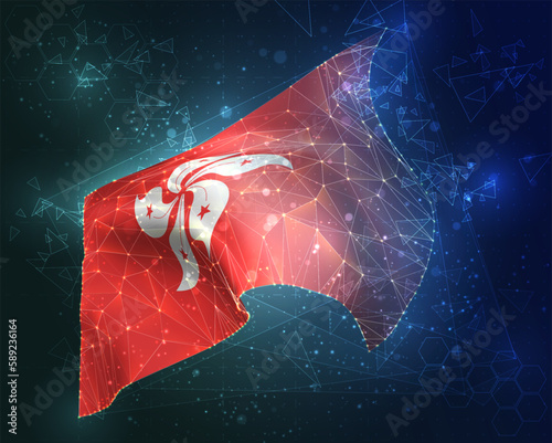 Hong Kong,  vector flag, virtual abstract 3D object from triangular polygons on a blue background