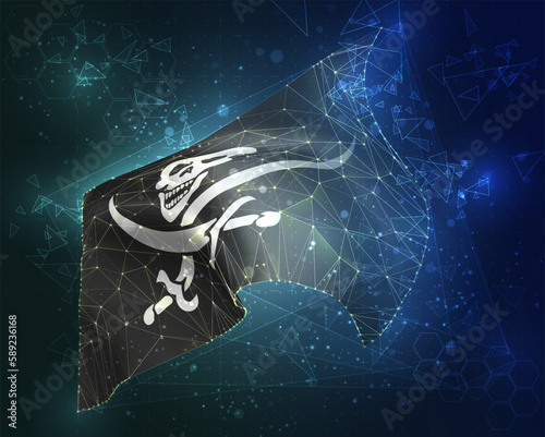 Pirate,  vector flag, virtual abstract 3D object from triangular polygons on a blue background