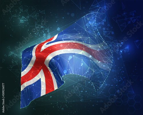 Iceland,  vector flag, virtual abstract 3D object from triangular polygons on a blue background