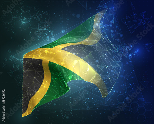 Jamaica,  vector flag, virtual abstract 3D object from triangular polygons on a blue background