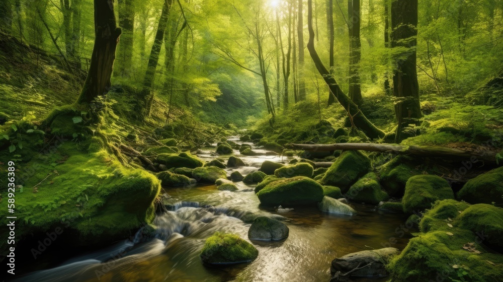 Green forest in sunlight with forest stream, Generative AI Green forest in sunlight with forest stream, Generative AI