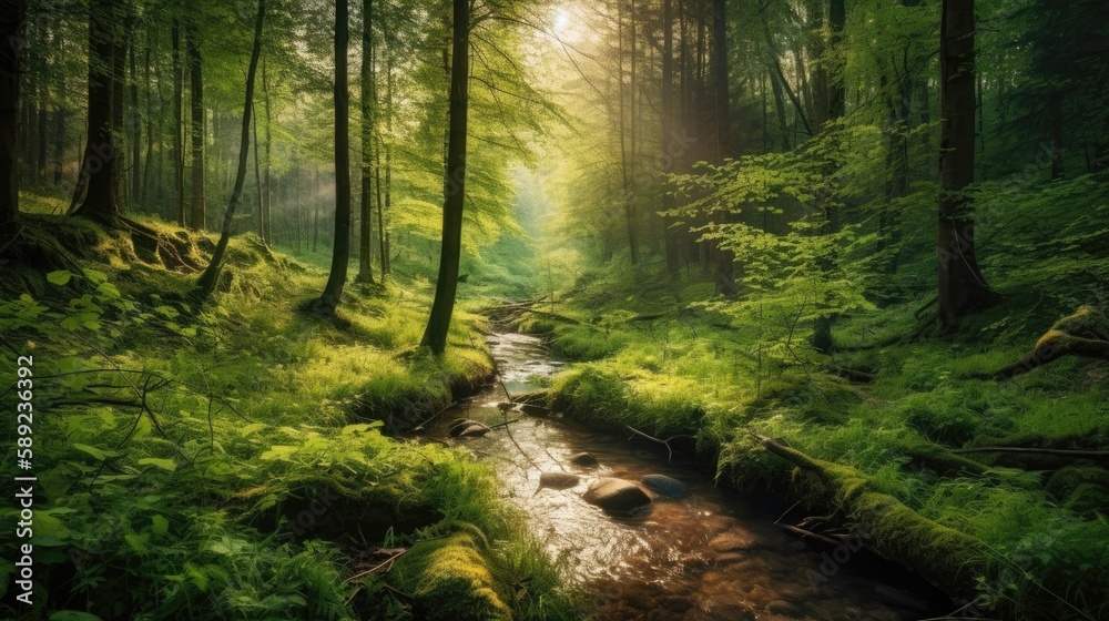 Obraz premium Green forest in sunlight with forest stream, Generative AI
