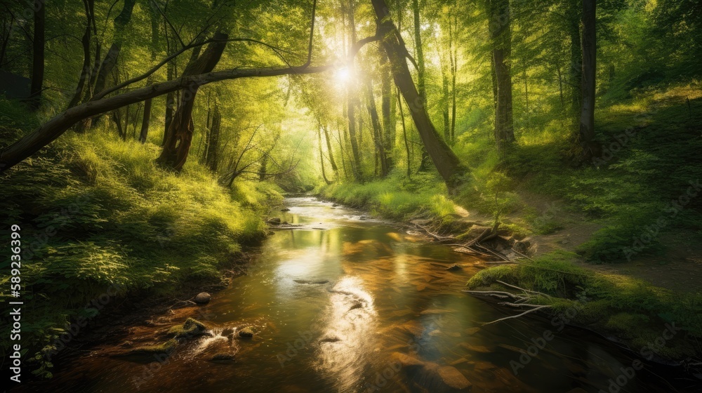 Green forest in sunlight with forest stream, Generative AI