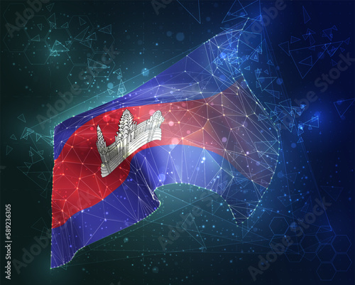 Cambodia,  vector flag, virtual abstract 3D object from triangular polygons on a blue background
