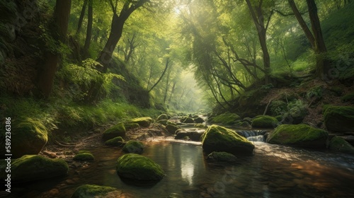 Green forest in sunlight with forest stream, Generative AI