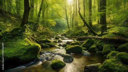 Green forest in sunlight with forest stream  Generative AI