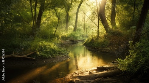 Green forest in sunlight with forest stream, Generative AI © AdriFerrer