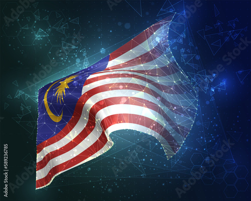 Malaysia,  vector flag, virtual abstract 3D object from triangular polygons on a blue background