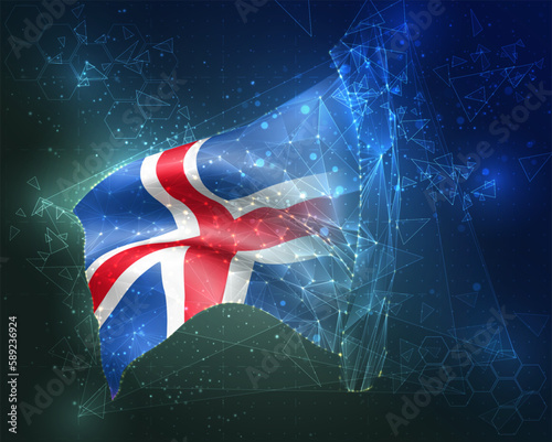Iceland,  vector flag, virtual abstract 3D object from triangular polygons on a blue background