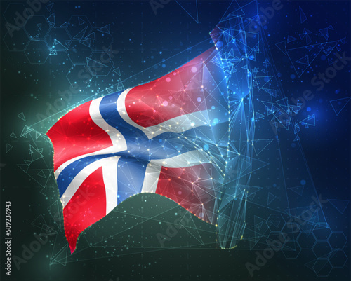 Norway,  vector flag, virtual abstract 3D object from triangular polygons on a blue background