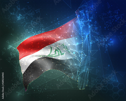 Iraq,  vector flag, virtual abstract 3D object from triangular polygons on a blue background