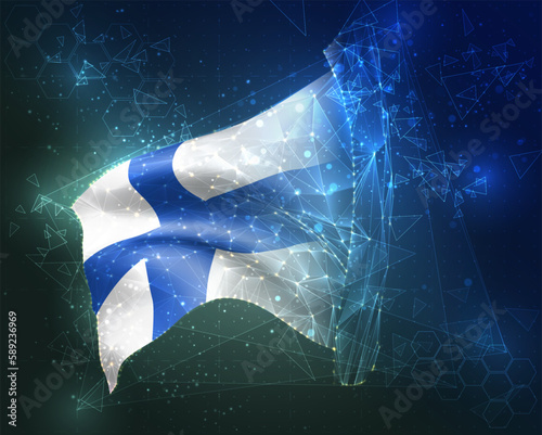 Finland,  vector flag, virtual abstract 3D object from triangular polygons on a blue background