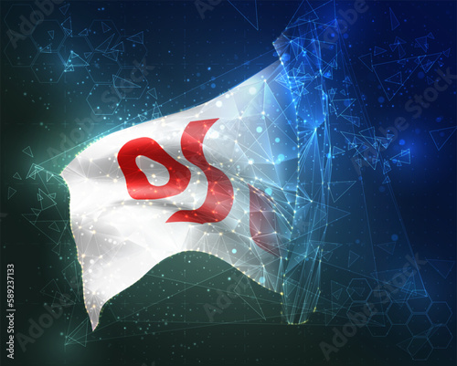 Discount,  vector flag, virtual abstract 3D object from triangular polygons on a blue background