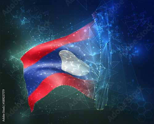 Laos,  vector flag, virtual abstract 3D object from triangular polygons on a blue background