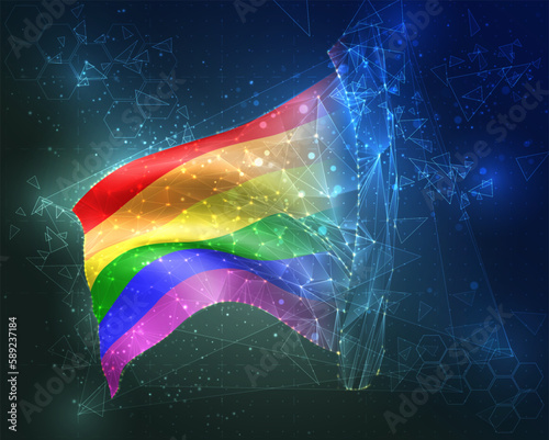 Rainbow,  vector flag, virtual abstract 3D object from triangular polygons on a blue background