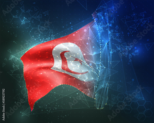 Tunisia,  vector flag, virtual abstract 3D object from triangular polygons on a blue background