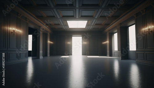 Empty classic luxury dark studio room interior with gray and black colors. Hallway or corridor with big windows. Modern design. Generative AI