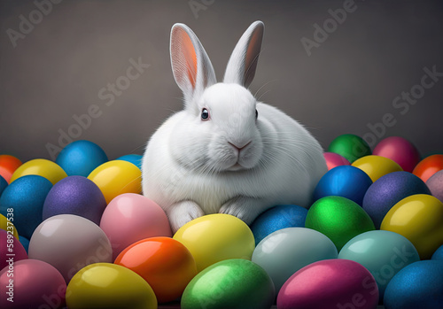Spring into Festive Fun: Celebrating Easter with Adorable Bunnies and Colorful Eggs. Generative AI illustration. © PixelSynthX