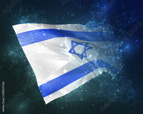 Israel,  vector flag, virtual abstract 3D object from triangular polygons on a blue background