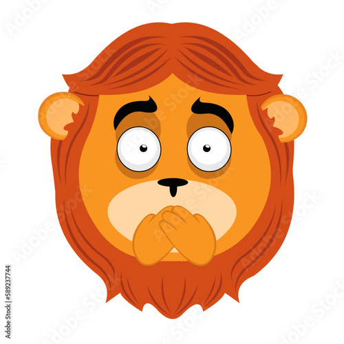 vector illustration face of a lion cartoon covering his mouth with his hands