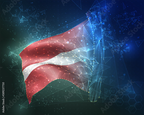 Latvia,  vector flag, virtual abstract 3D object from triangular polygons on a blue background