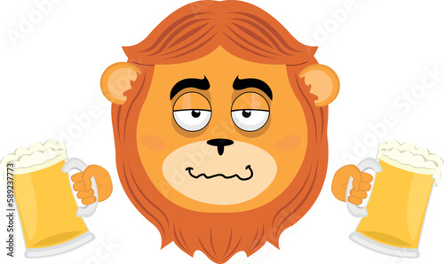 vector illustration face of a drunk cartoon lion with beers in his hands