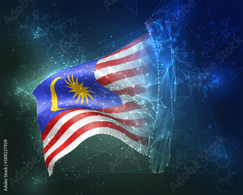 Malaysia,  vector flag, virtual abstract 3D object from triangular polygons on a blue background