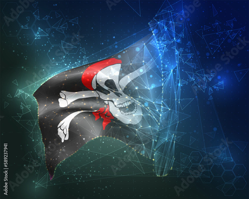 Pirate,  vector flag, virtual abstract 3D object from triangular polygons on a blue background