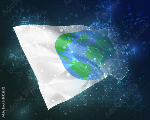World map,  vector flag, virtual abstract 3D object from triangular polygons on a blue background