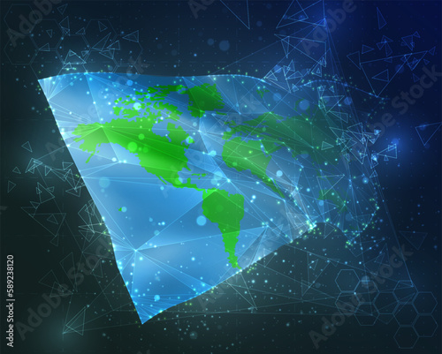 World map, vector flag, virtual abstract 3D object from triangular polygons on a blue background