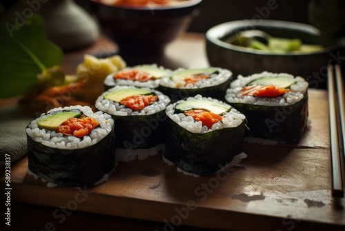 A sushi on a wooden board, generative ai