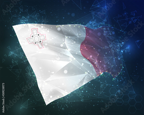 Malta,  vector flag, virtual abstract 3D object from triangular polygons on a blue background
