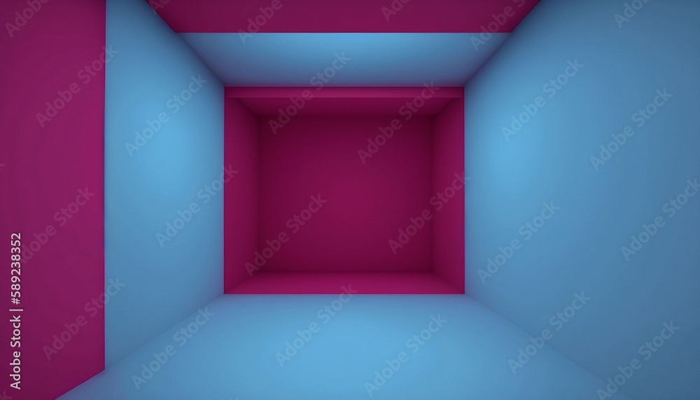 Interior simple classic empty room with pink and blue walls and floor. Copy space. Generative AI Interior simple classic empty room with pink and blue walls and floor. Copy space. Generative AI