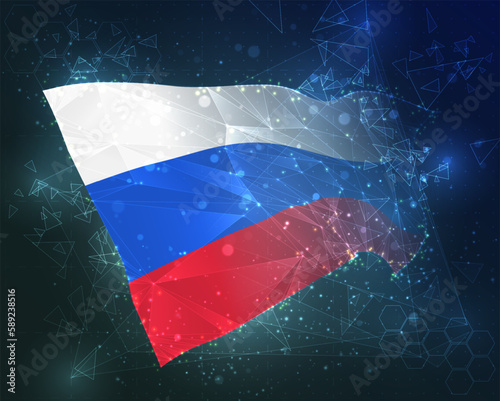 Russia,  vector flag, virtual abstract 3D object from triangular polygons on a blue background