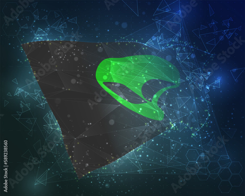 UFO,  vector flag, virtual abstract 3D object from triangular polygons on a blue background
