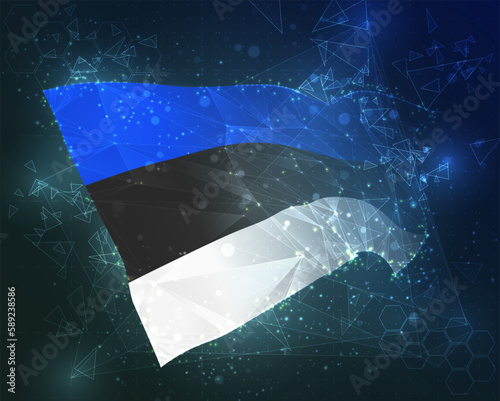 Estonia,  vector flag, virtual abstract 3D object from triangular polygons on a blue background
