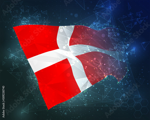 Denmark,  vector flag, virtual abstract 3D object from triangular polygons on a blue background