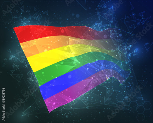 Rainbow   vector flag  virtual abstract 3D object from triangular polygons on a blue background