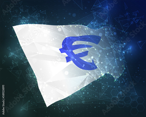 Euro,  vector flag, virtual abstract 3D object from triangular polygons on a blue background