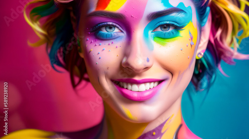 Naked smiling woman in creative bright colorful body art with decorative makeup made of colored paint with hair. Background painted abstractly with colored paint. Generative AI.