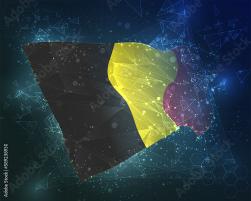Belgium,  vector flag, virtual abstract 3D object from triangular polygons on a blue background
