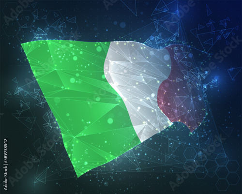 Italy,  vector flag, virtual abstract 3D object from triangular polygons on a blue background