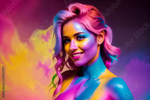 Naked smiling woman in creative bright colorful body art with decorative make-up with splashes of colored powder at Holi festival in India. Abstract painted background. Generative AI.