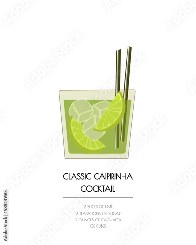 Old fashioned retro caipirinha. Isolated summer green cocktail receipt on white background in color. Vector vintage bar cart poster illustration in flat style
